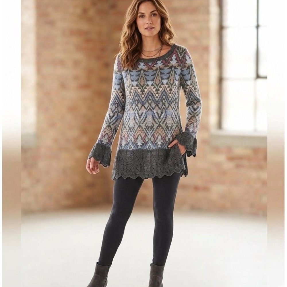 Peruvian Connection Sweater Womens Medium Alpaca Wool Fair Isle Long Pointelle